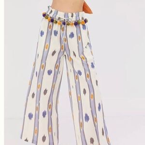 Ollari Brand Anthropologie Cropped Wide Leg Pom Tassel Striped Pants